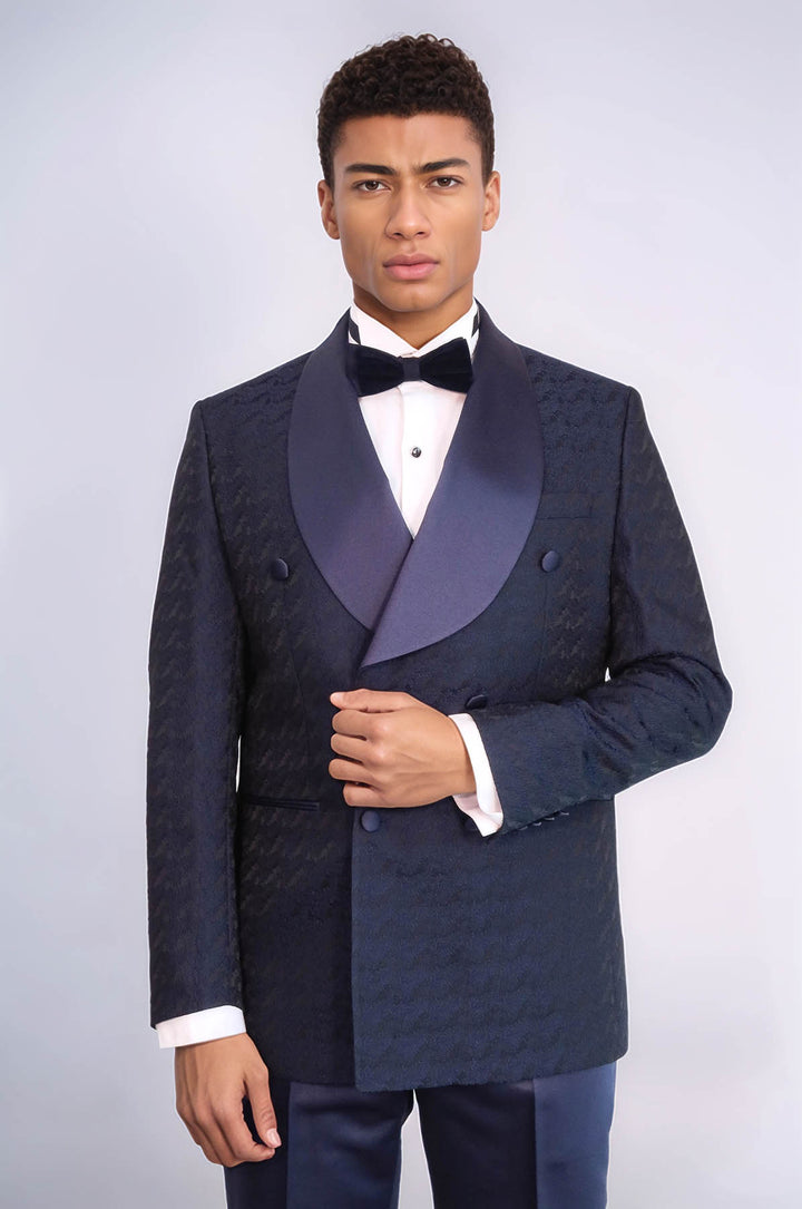 Satin Shawl Collar Patterned Double Breasted Navy Blue Men Tuxedo Suit - Wessi