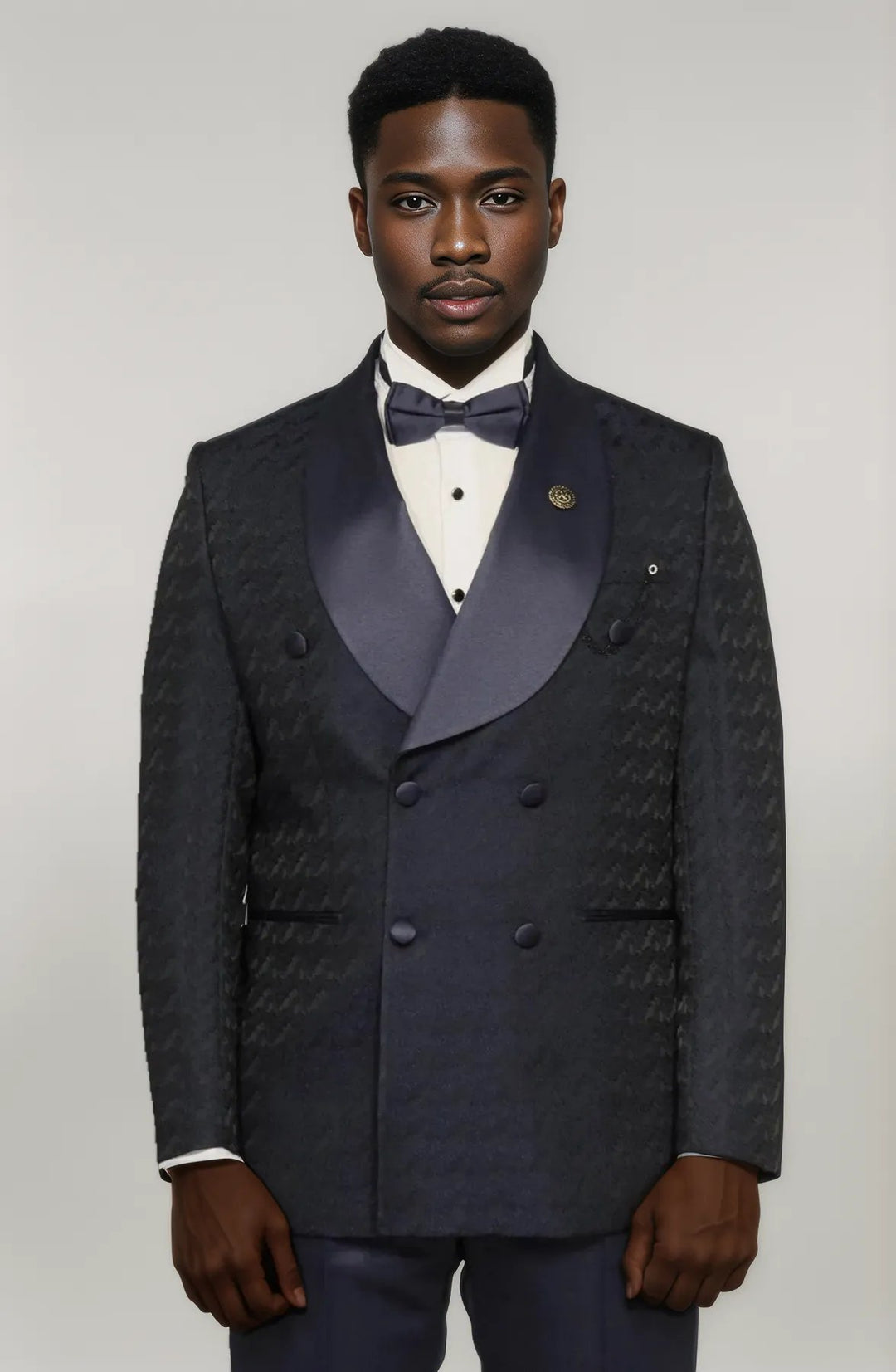 Satin Shawl Collar Patterned Double Breasted Navy Blue Men Tuxedo Suit - Wessi