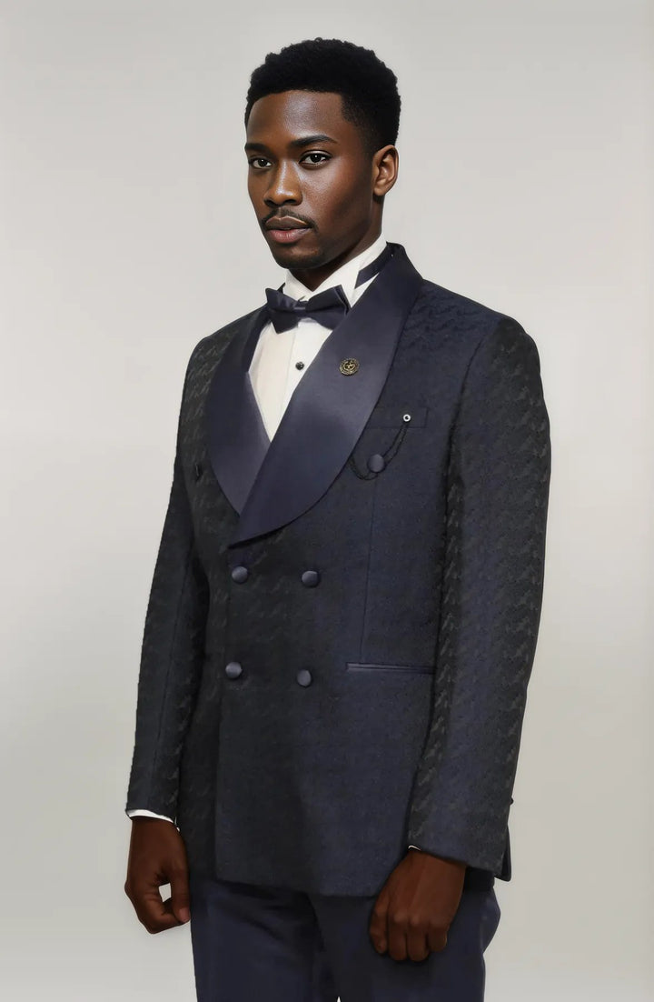 Satin Shawl Collar Patterned Double Breasted Navy Blue Men Tuxedo Suit - Wessi