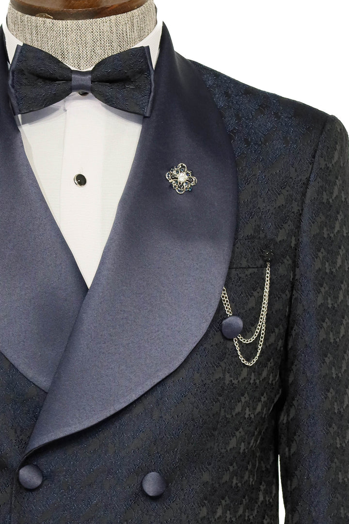 Traje de esmoquin para hombre azul marino cruzado estampado con cuello chal de raso - Wessi