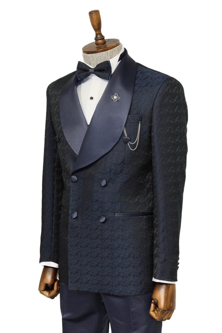 Satin Shawl Collar Patterned Double Breasted Navy Blue Men Tuxedo Suit - Wessi