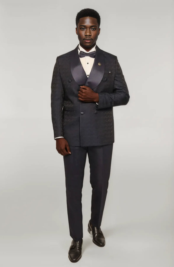 Satin Shawl Collar Patterned Double Breasted Navy Blue Men Tuxedo Suit - Wessi