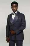 Satin Shawl Collar Patterned Double Breasted Navy Blue Men Tuxedo Suit - Wessi