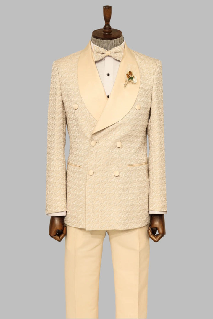 Satin Shawl Collar Patterned Double Breasted  Champagne Men Tuxedo Suit - Wessi