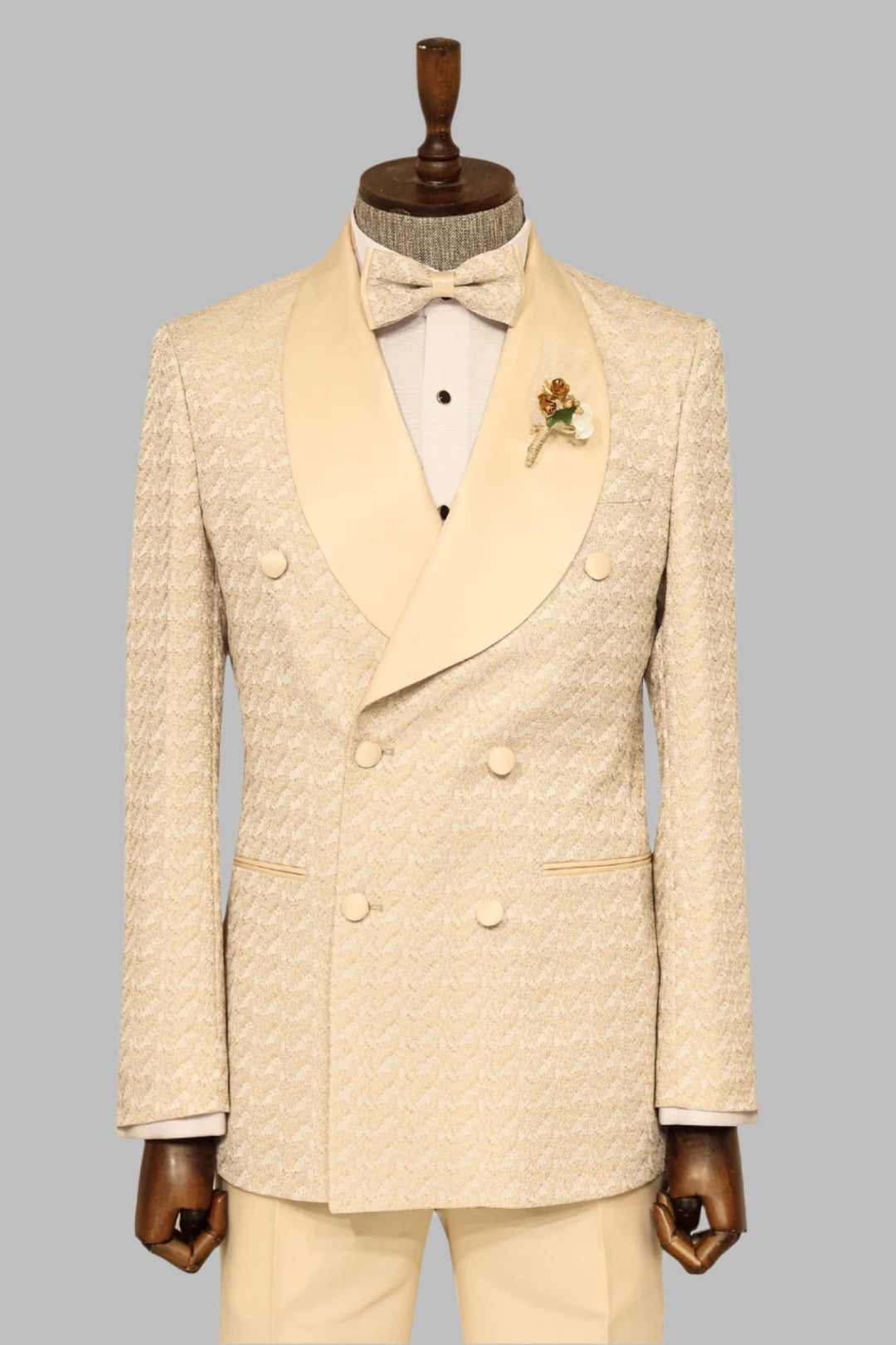 Satin Shawl Collar Patterned Double Breasted  Champagne Men Tuxedo Suit - Wessi