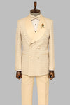 Satin Shawl Collar Patterned Double Breasted  Champagne Men Tuxedo Suit - Wessi