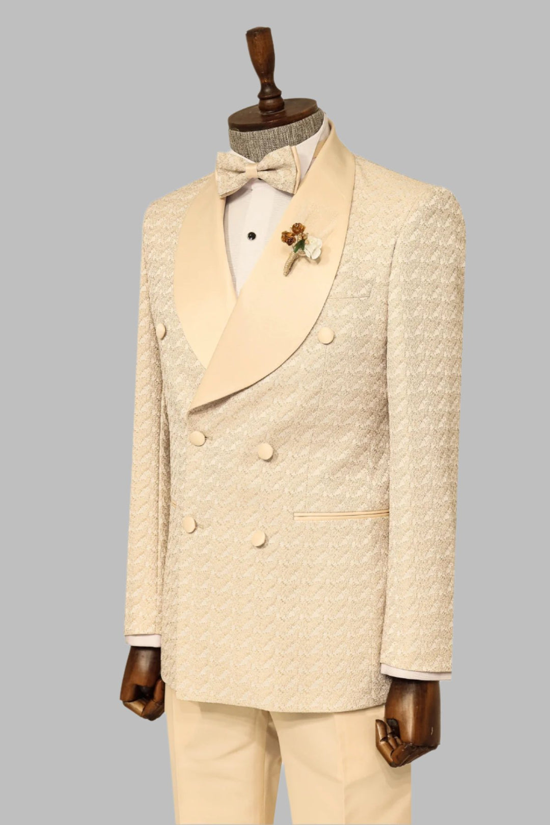 Satin Shawl Collar Patterned Double Breasted  Champagne Men Tuxedo Suit - Wessi