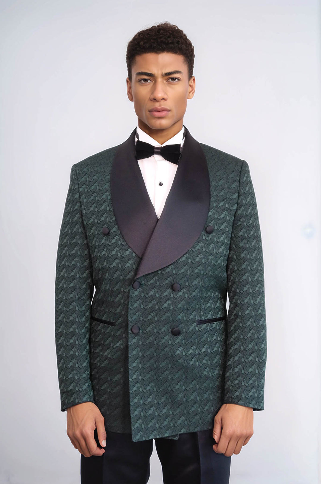 Satin Shawl Collar Patterned Double Breasted Dark Green Men Tuxedo Suit - Wessi