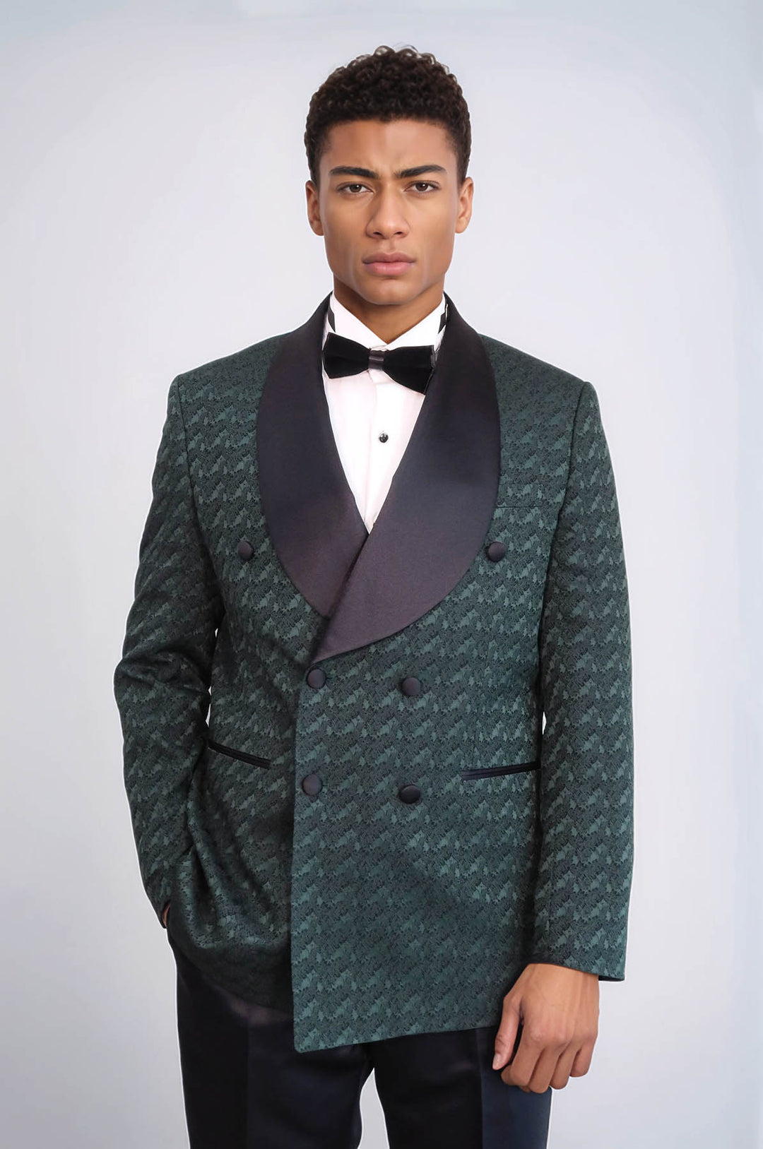 Satin Shawl Collar Patterned Double Breasted Dark Green Men Tuxedo Suit - Wessi