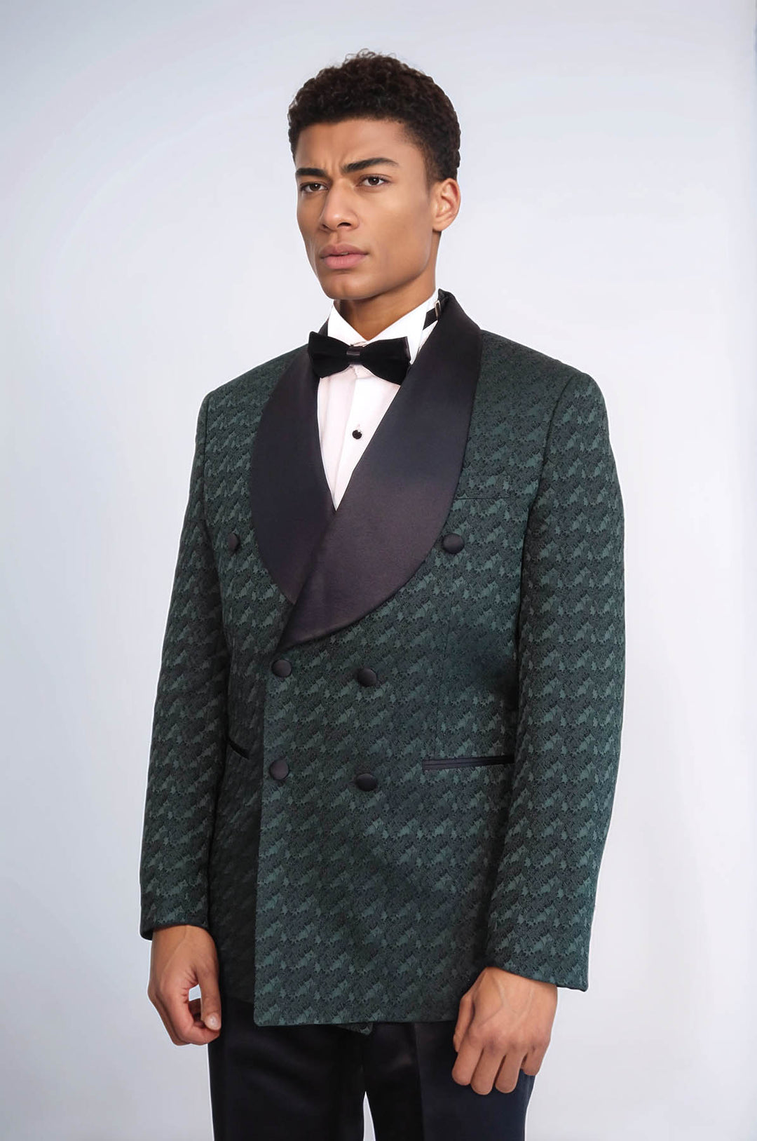 Satin Shawl Collar Patterned Double Breasted Dark Green Men Tuxedo Suit - Wessi