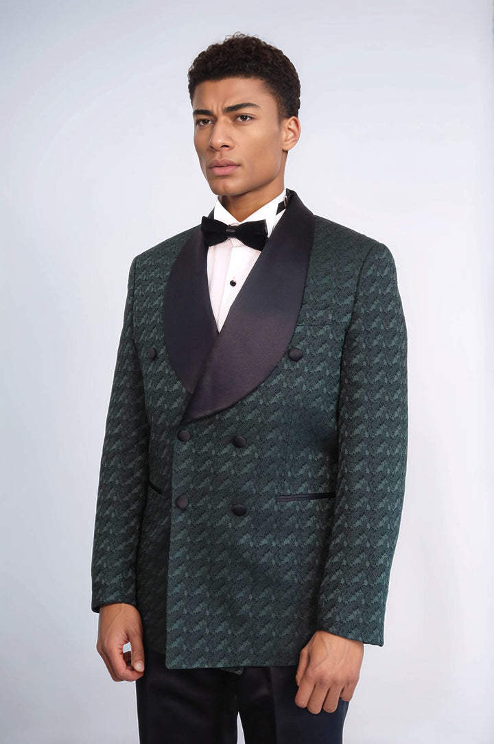 Satin Shawl Collar Patterned Double Breasted Dark Green Men Tuxedo Suit - Wessi