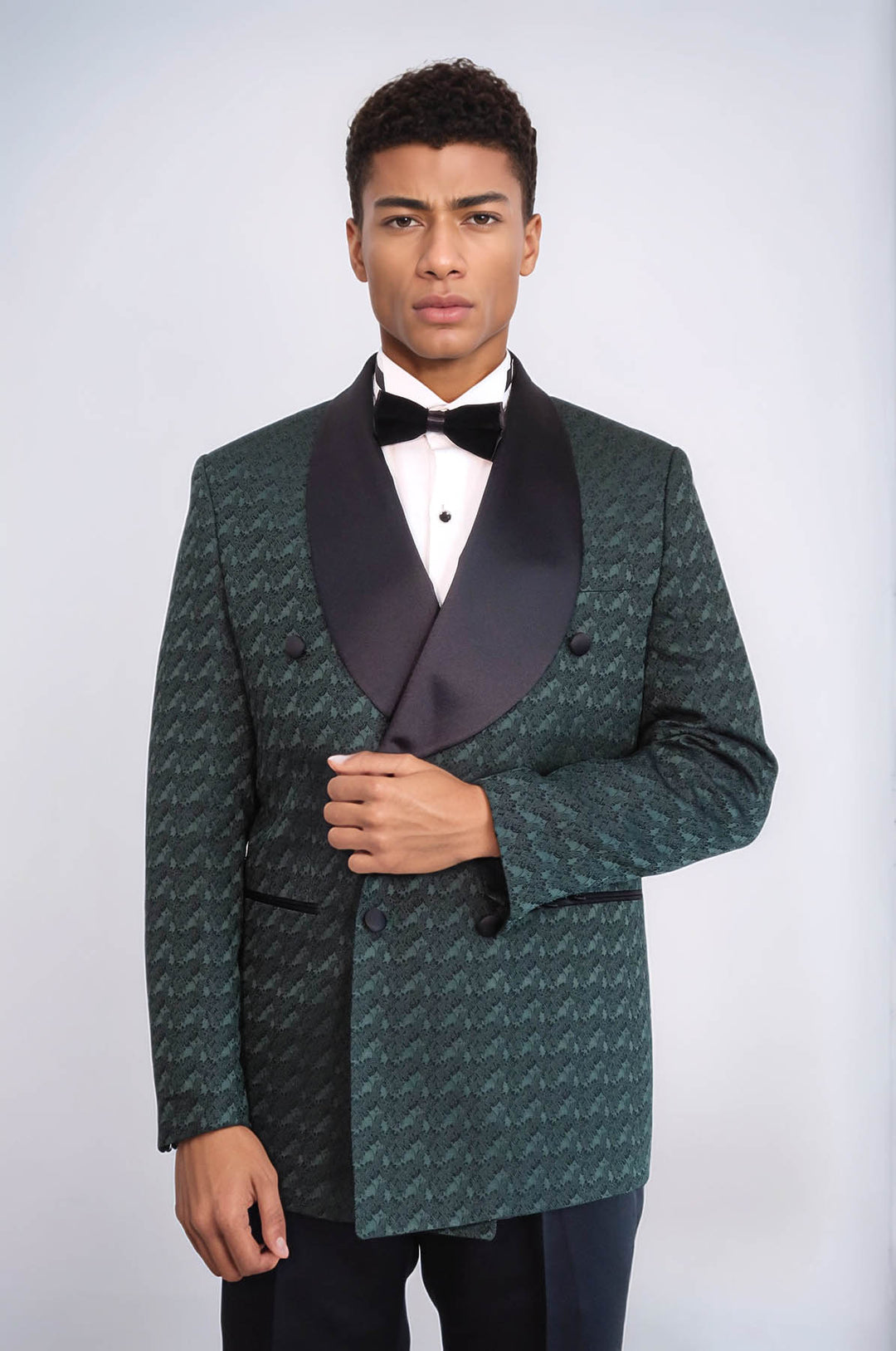 Satin Shawl Collar Patterned Double Breasted Dark Green Men Tuxedo Suit - Wessi