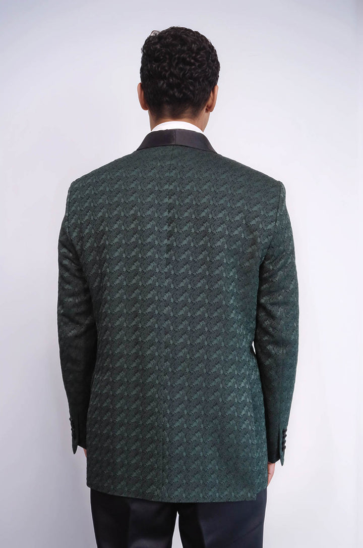 Satin Shawl Collar Patterned Double Breasted Dark Green Men Tuxedo Suit - Wessi