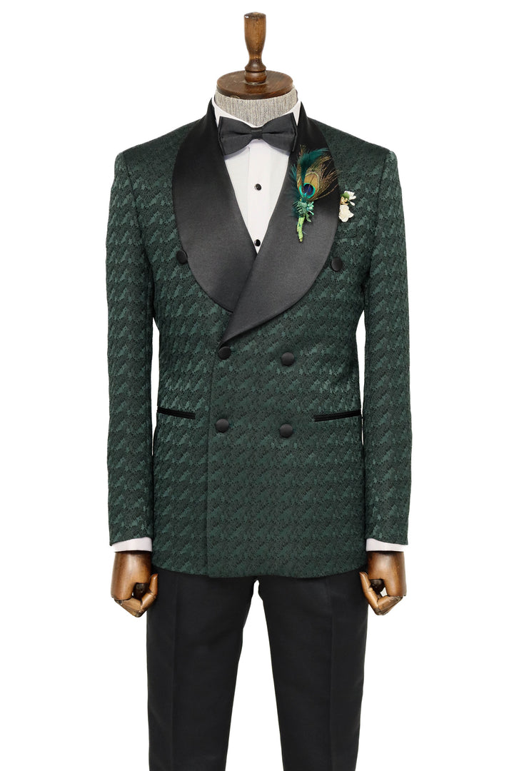 Traje de esmoquin para hombre de raso con cuello chal estampado cruzado verde oscuro - Wessi