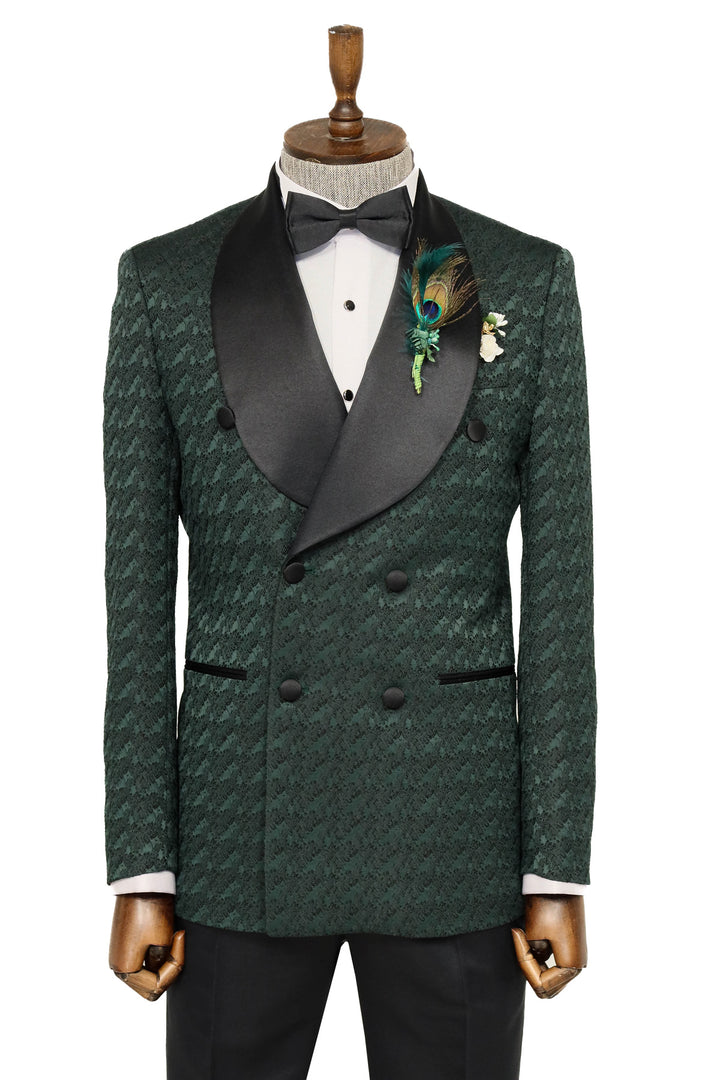 Traje de esmoquin para hombre de raso con cuello chal estampado cruzado verde oscuro - Wessi