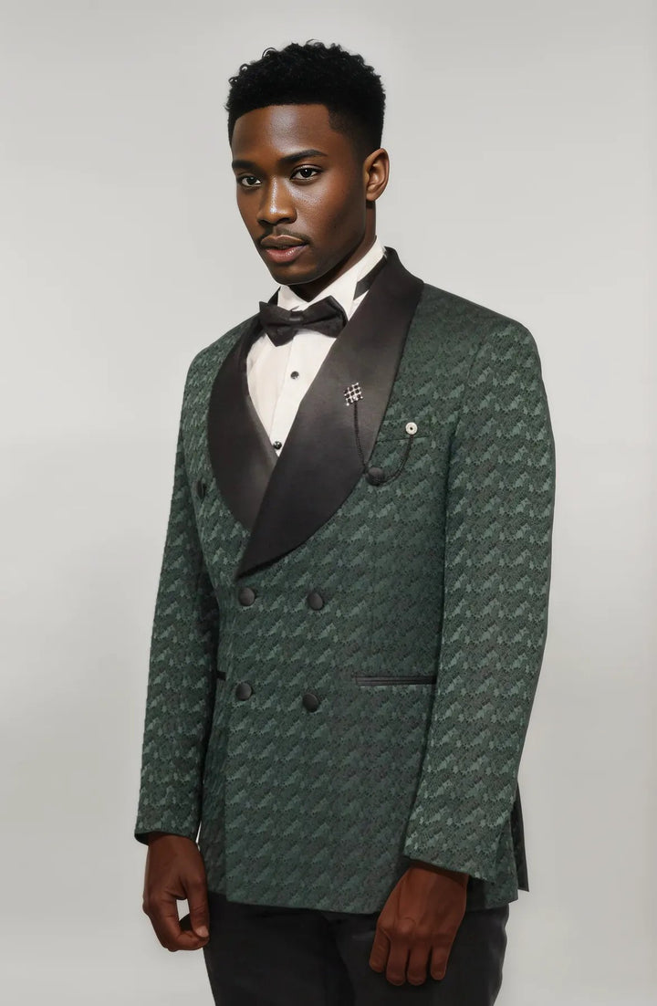 Satin Shawl Collar Patterned Double Breasted Dark Green Men Tuxedo Suit - Wessi