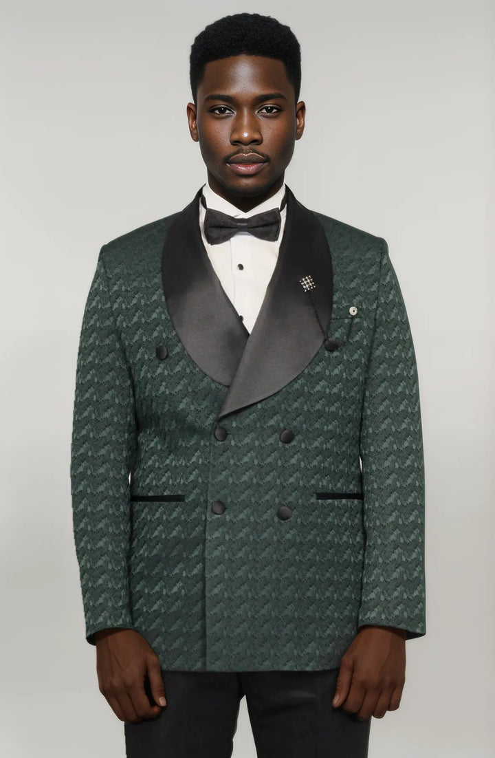 Satin Shawl Collar Patterned Double Breasted Dark Green Men Tuxedo Suit - Wessi