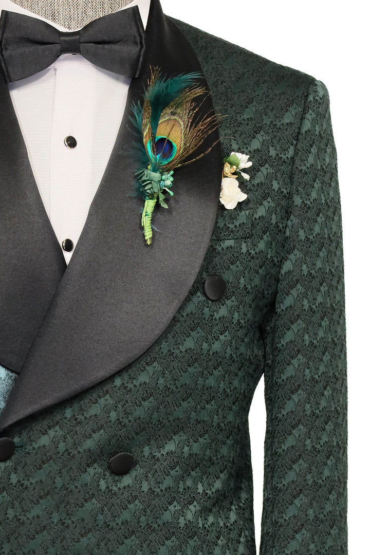 Traje de esmoquin para hombre de raso con cuello chal estampado cruzado verde oscuro - Wessi