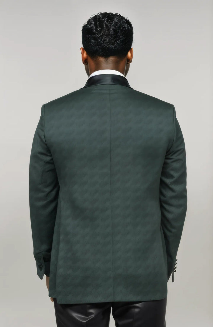 Satin Shawl Collar Patterned Double Breasted Dark Green Men Tuxedo Suit - Wessi