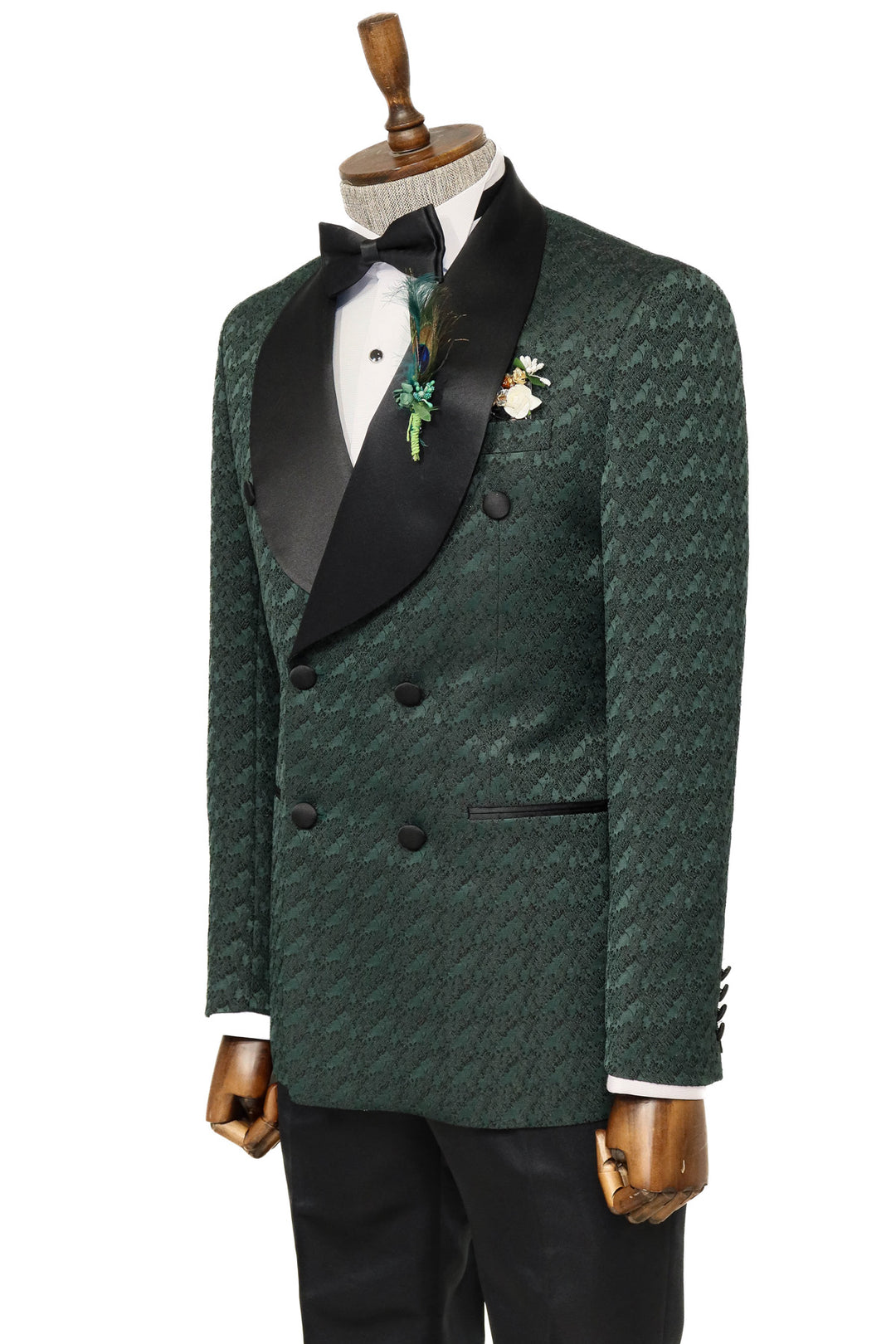 Traje de esmoquin para hombre de raso con cuello chal estampado cruzado verde oscuro - Wessi