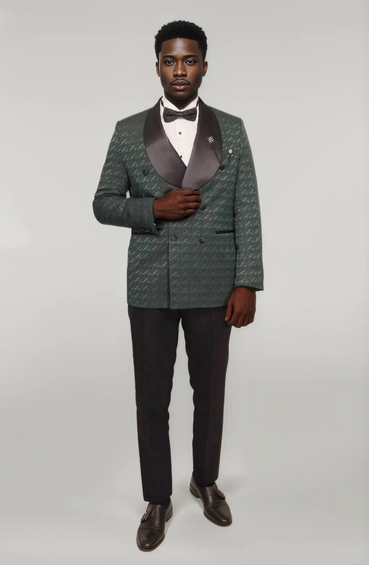 Satin Shawl Collar Patterned Double Breasted Dark Green Men Tuxedo Suit - Wessi