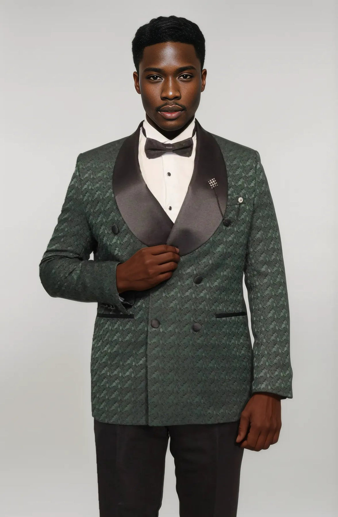 Satin Shawl Collar Patterned Double Breasted Dark Green Men Tuxedo Suit - Wessi