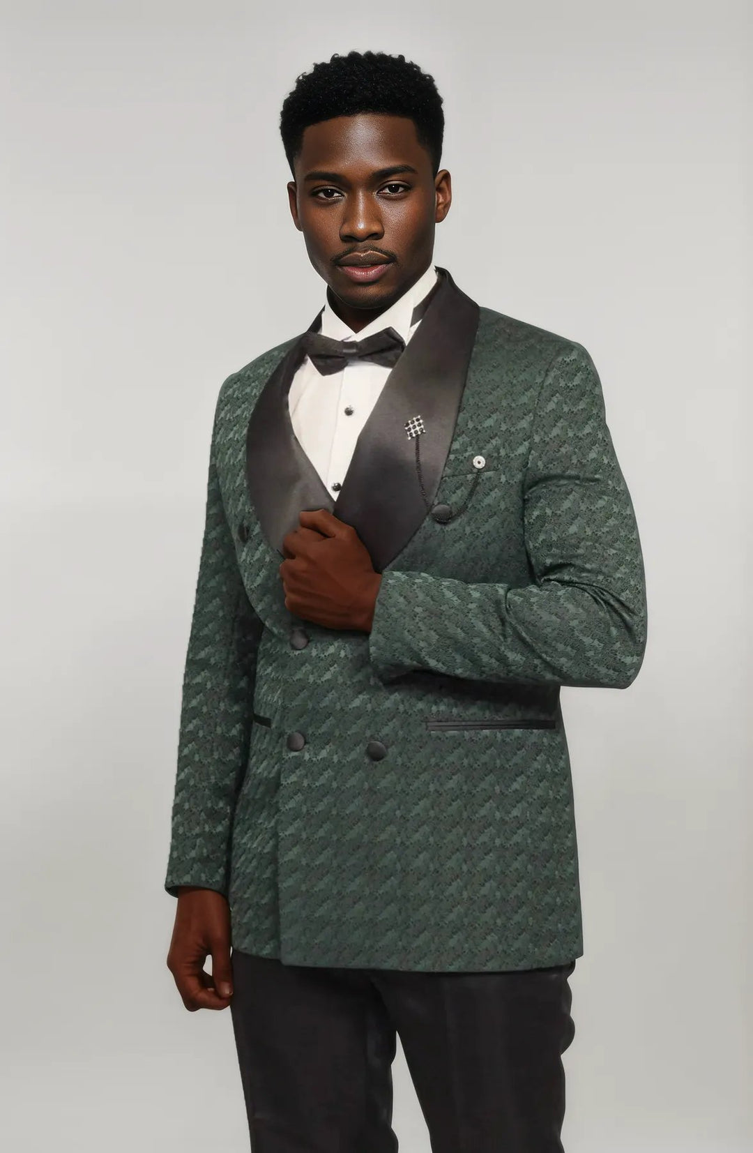 Satin Shawl Collar Patterned Double Breasted Dark Green Men Tuxedo Suit - Wessi