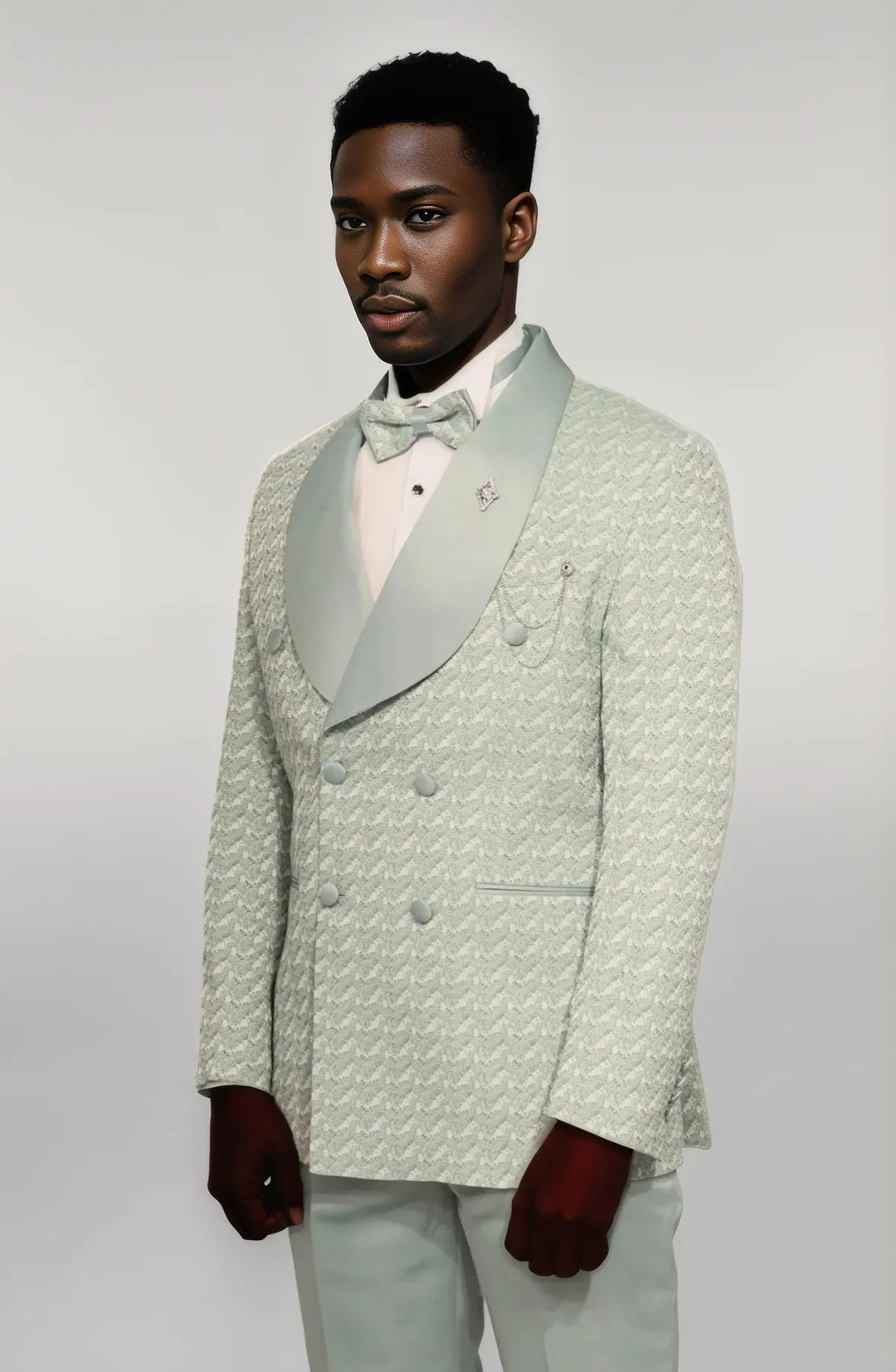 Satin Shawl Collar Patterned Double Breasted Sage Green Men Tuxedo Suit - Wessi