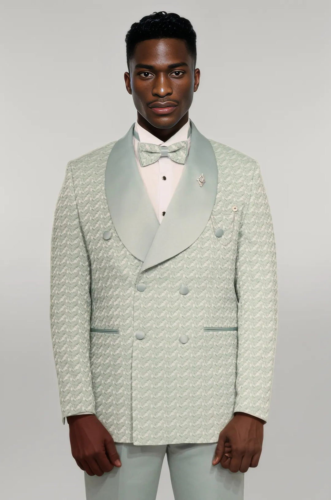 Satin Shawl Collar Patterned Double Breasted Sage Green Men Tuxedo Suit - Wessi