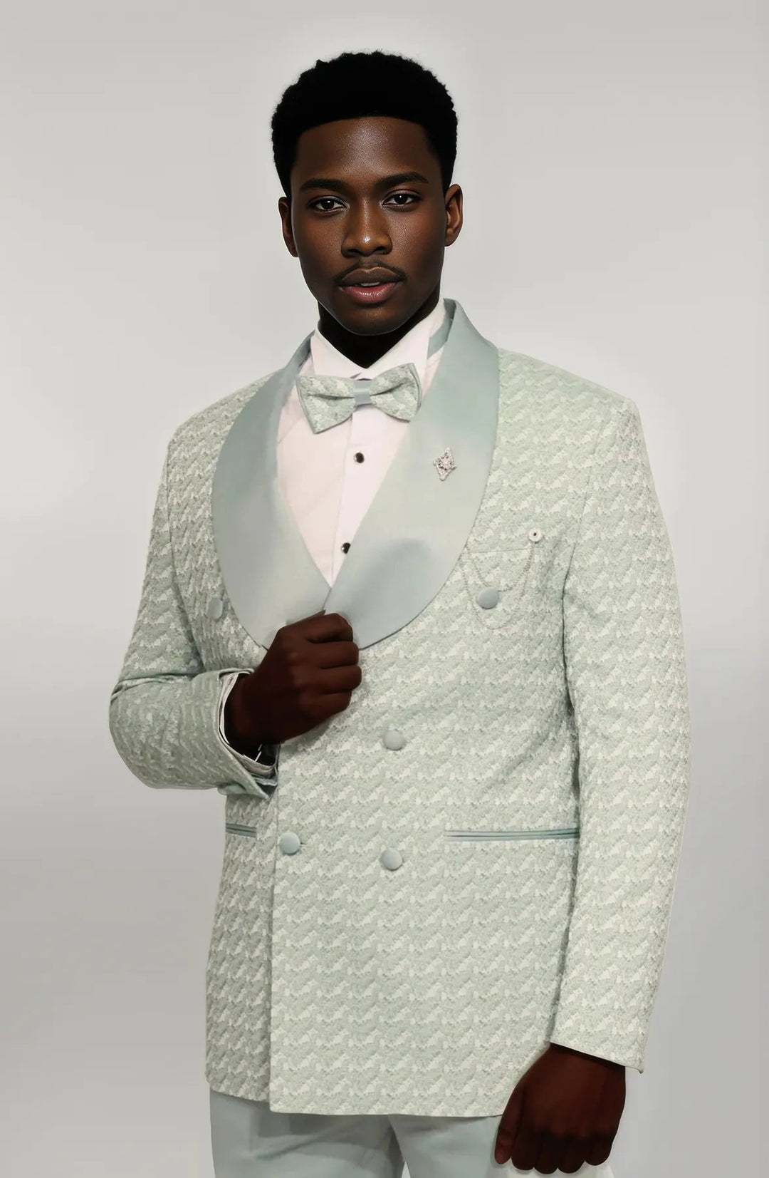 Satin Shawl Collar Patterned Double Breasted Sage Green Men Tuxedo Suit - Wessi