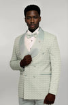 Satin Shawl Collar Patterned Double Breasted Sage Green Men Tuxedo Suit - Wessi