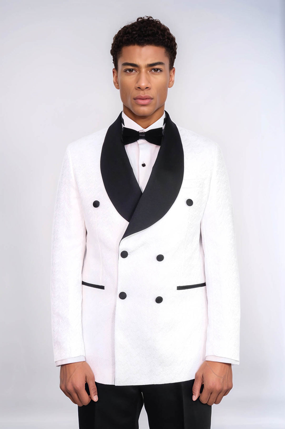 Satin Shawl Collar Patterned Double Breasted White Men Tuxedo Suit - Wessi