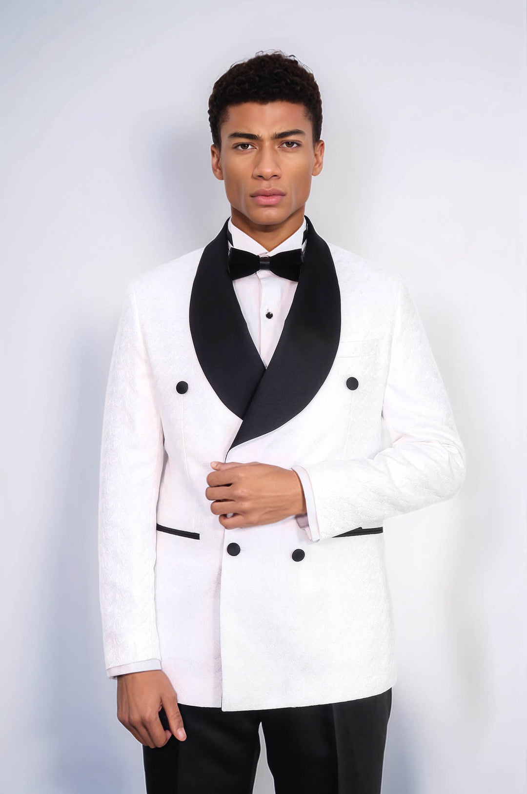 Satin Shawl Collar Patterned Double Breasted White Men Tuxedo Suit - Wessi