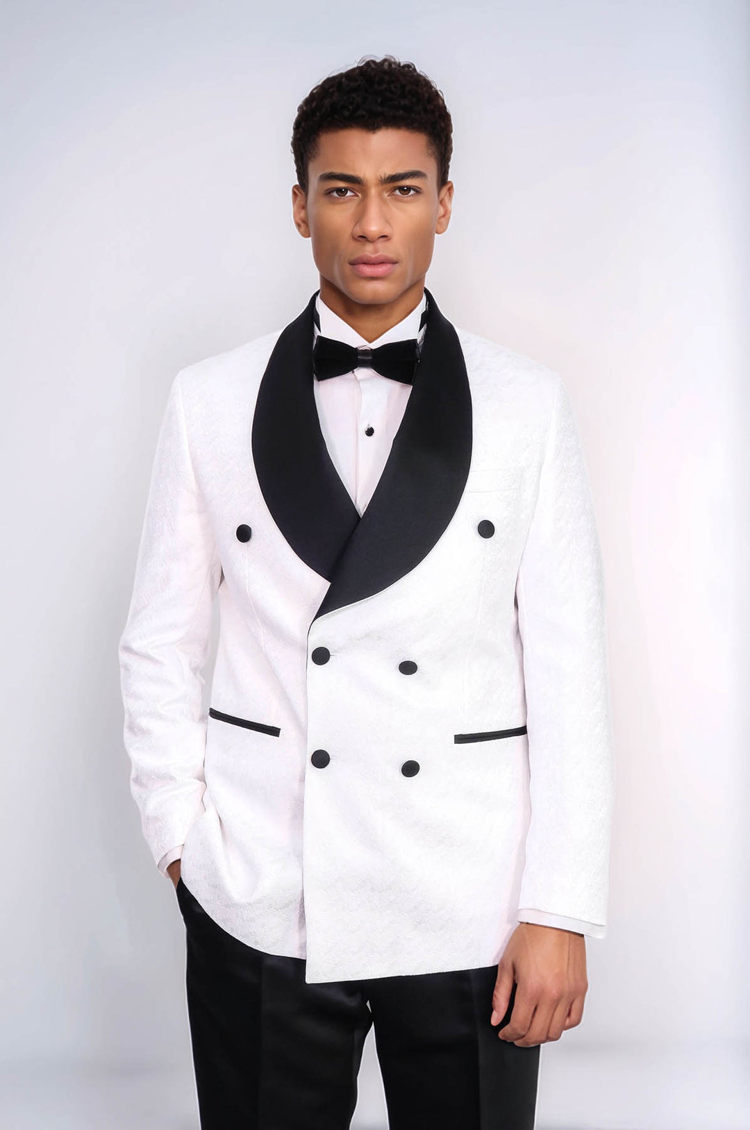 Satin Shawl Collar Patterned Double Breasted White Men Tuxedo Suit - Wessi