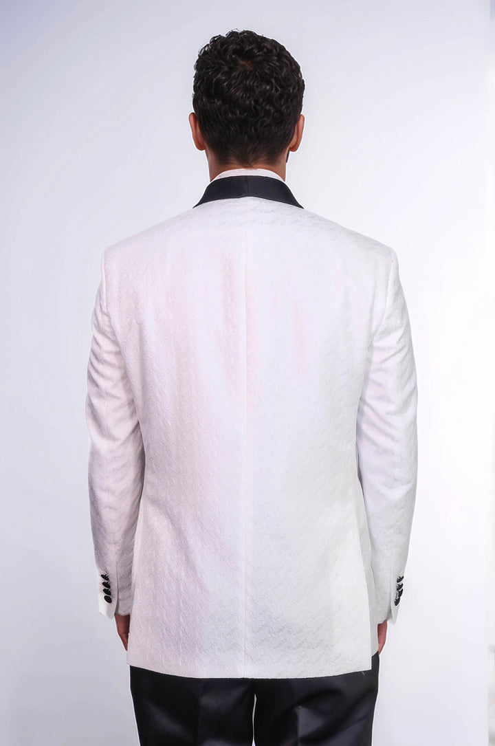 Satin Shawl Collar Patterned Double Breasted White Men Tuxedo Suit - Wessi