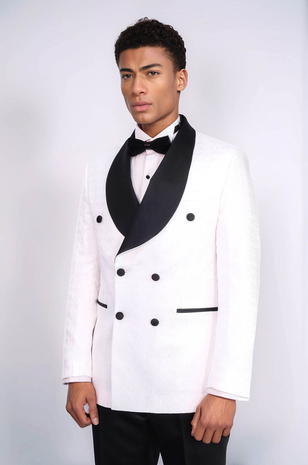 Satin Shawl Collar Patterned Double Breasted White Men Tuxedo Suit - Wessi