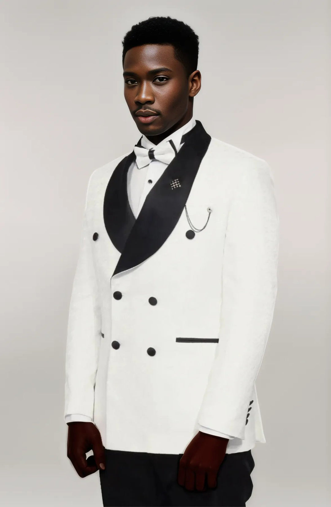 Satin Shawl Collar Patterned Double Breasted White Men Tuxedo Suit - Wessi