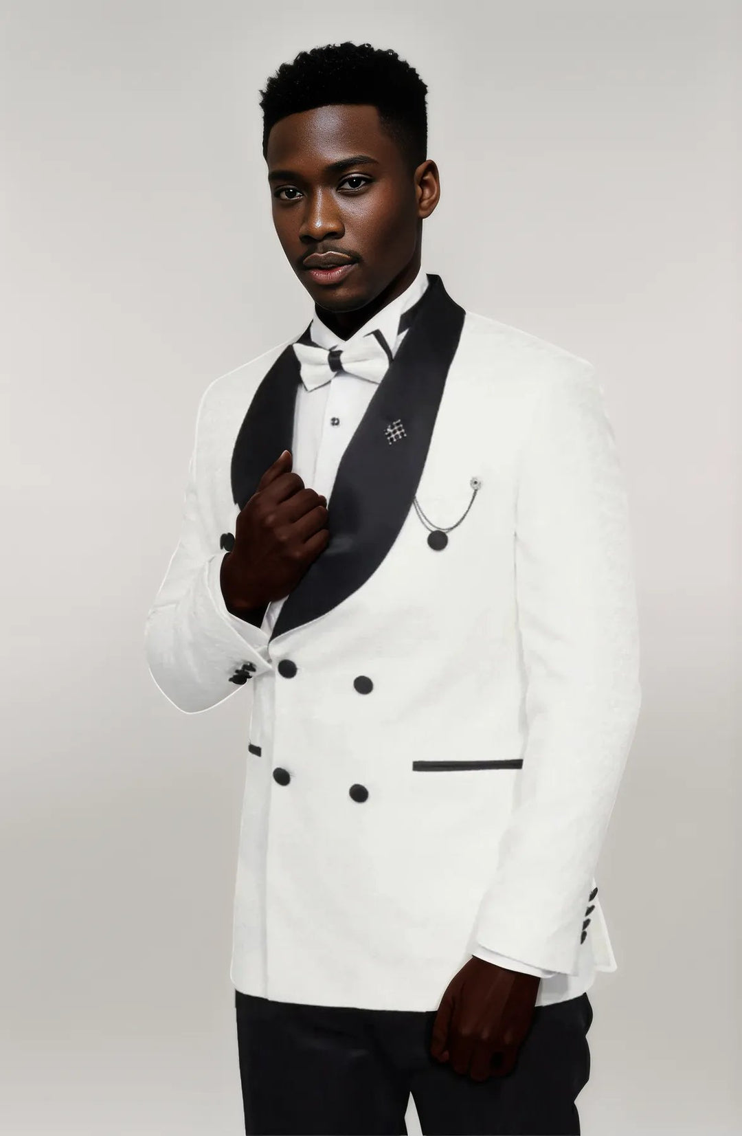 Satin Shawl Collar Patterned Double Breasted White Men Tuxedo Suit - Wessi