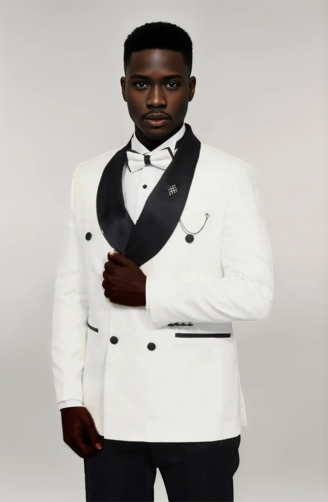 Satin Shawl Collar Patterned Double Breasted White Men Tuxedo Suit - Wessi