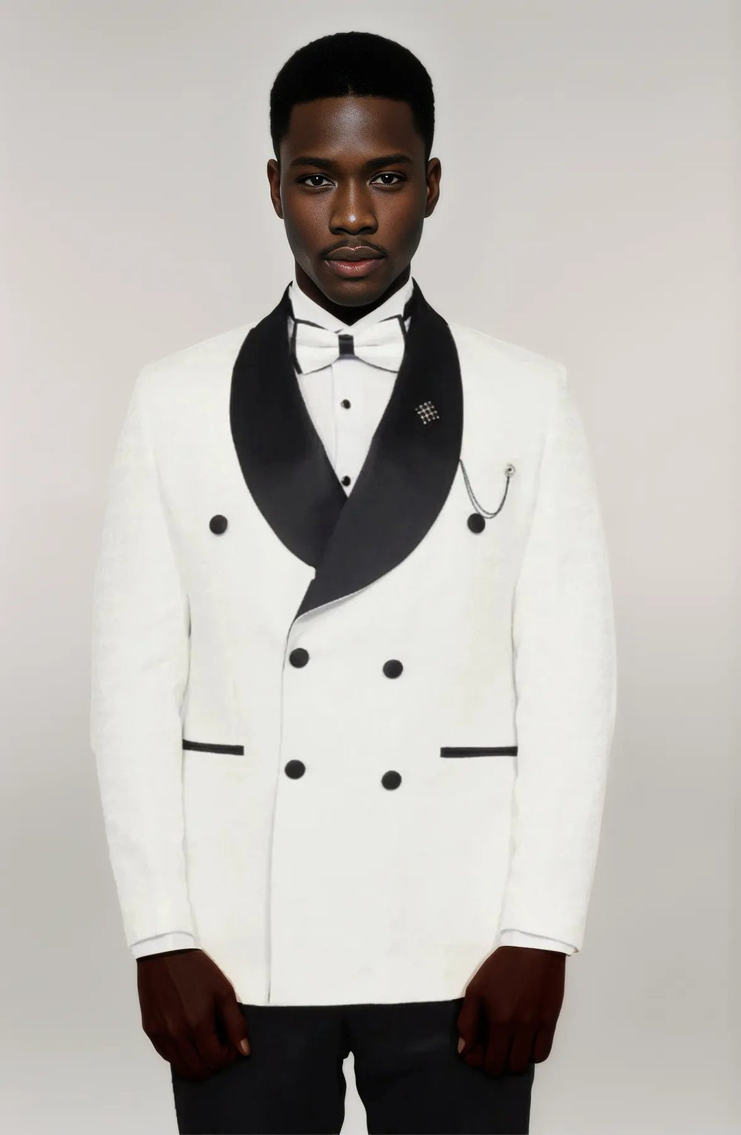 Satin Shawl Collar Patterned Double Breasted White Men Tuxedo Suit - Wessi