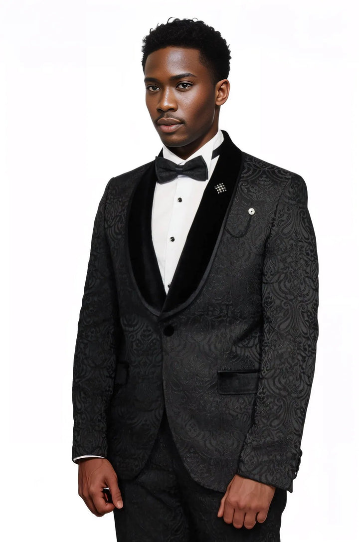 2 Piece Damask Patterned Velvet Shawl Collar Black Men's Tuxedo Suit - Wessi