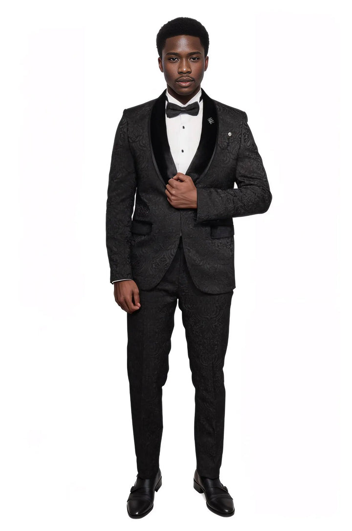 2 Piece Damask Patterned Velvet Shawl Collar Black Men's Tuxedo Suit - Wessi