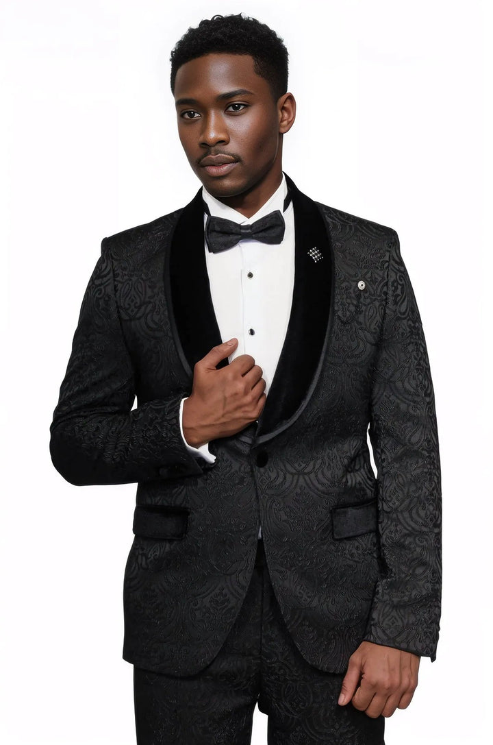 2 Piece Damask Patterned Velvet Shawl Collar Black Men's Tuxedo Suit - Wessi