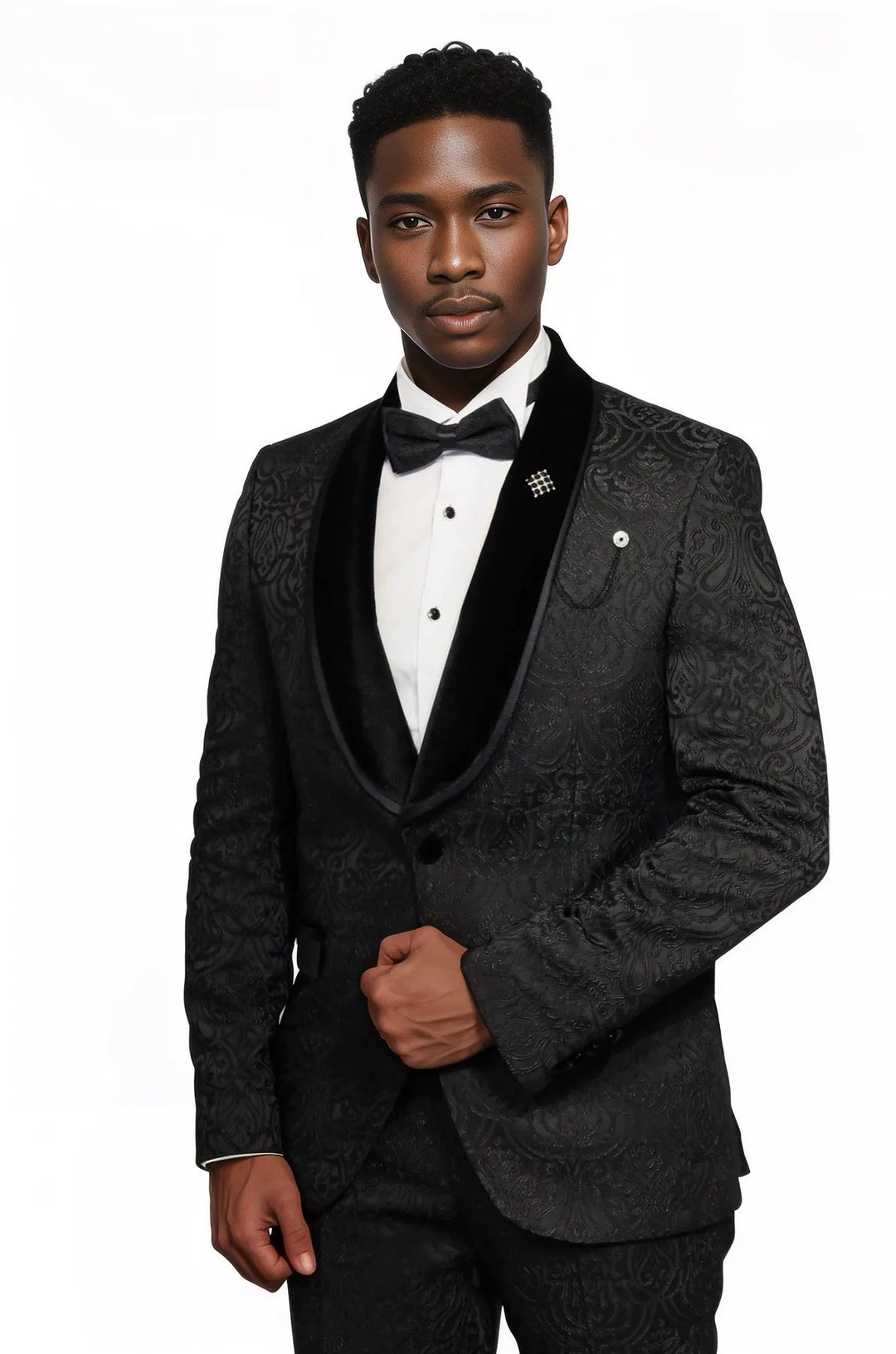 2 Piece Damask Patterned Velvet Shawl Collar Black Men's Tuxedo Suit - Wessi