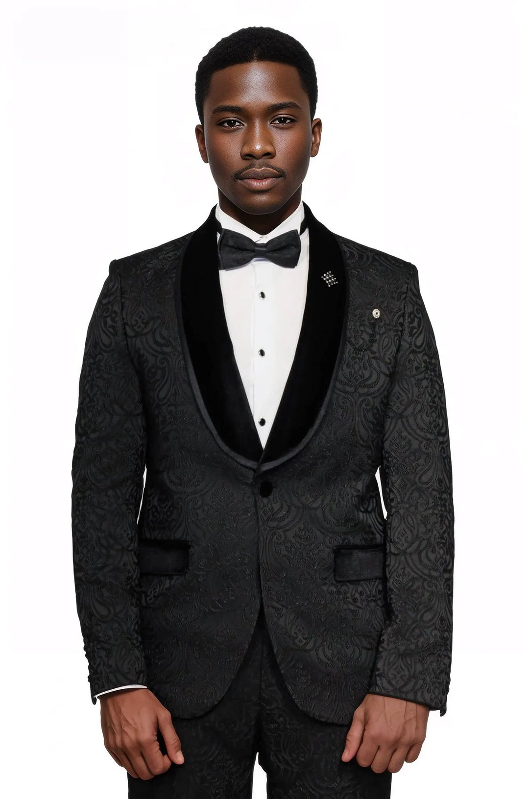 2 Piece Damask Patterned Velvet Shawl Collar Black Men's Tuxedo Suit - Wessi