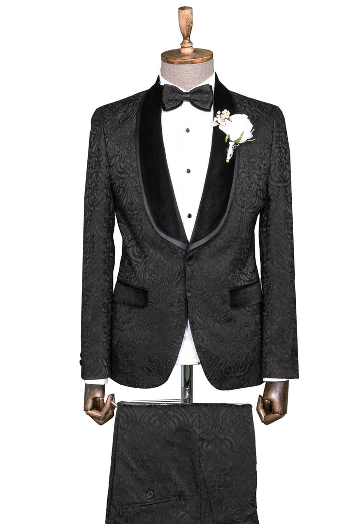 Black Tuxedo with Velvet Lapel Detail, Patterned Waistcoat, and White Shirt Look - Wessi Wedding Style