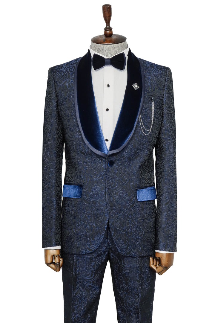 2 Piece Damask Patterned Velvet Shawl Collar Royal Blue Men's Tuxedo Suit - Wessi