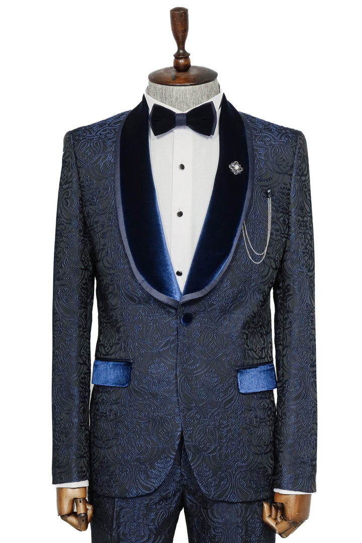 2 Piece Damask Patterned Velvet Shawl Collar Royal Blue Men's Tuxedo Suit - Wessi