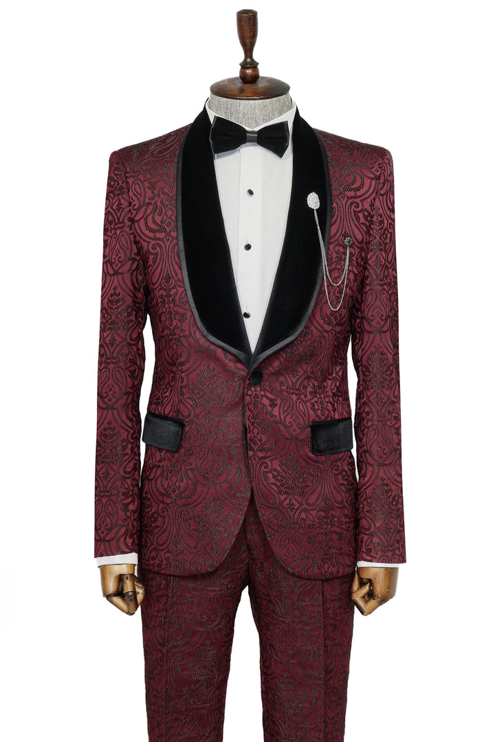 2 Piece Damask Patterned Velvet Shawl Collar Burgundy Men's Tuxedo Suit - Wessi