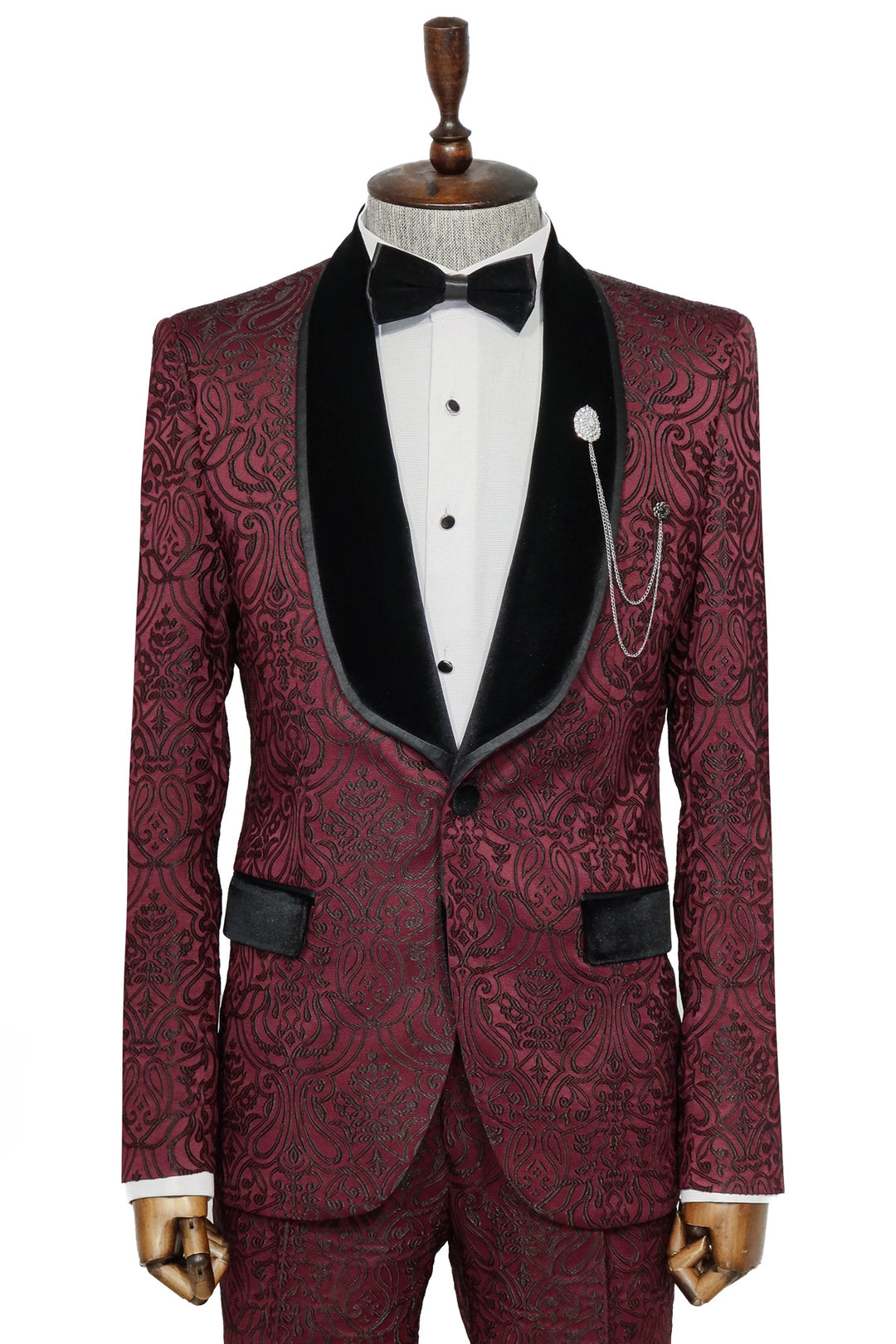 2 Piece Damask Patterned Velvet Shawl Collar Burgundy Men's Tuxedo Suit - Wessi